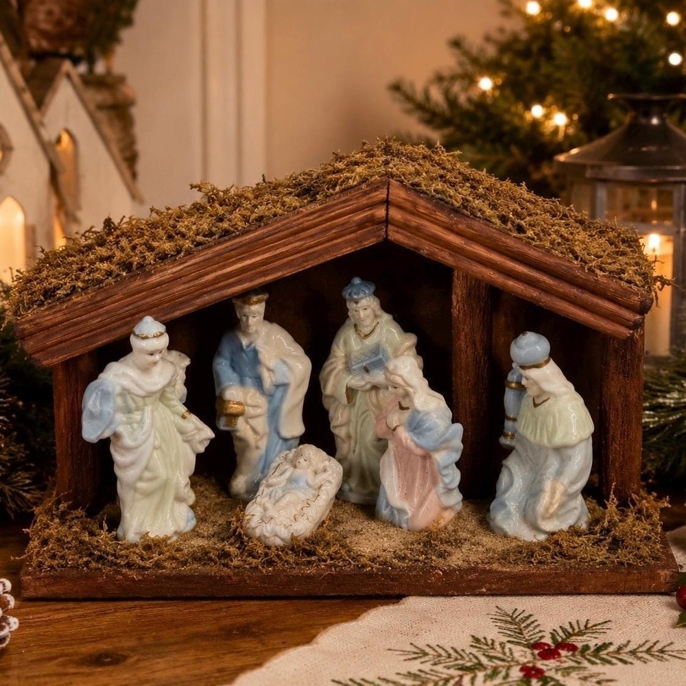Pastel Porcelain Nativity Scene Wooden Stable Christmas Decor Holiday Display